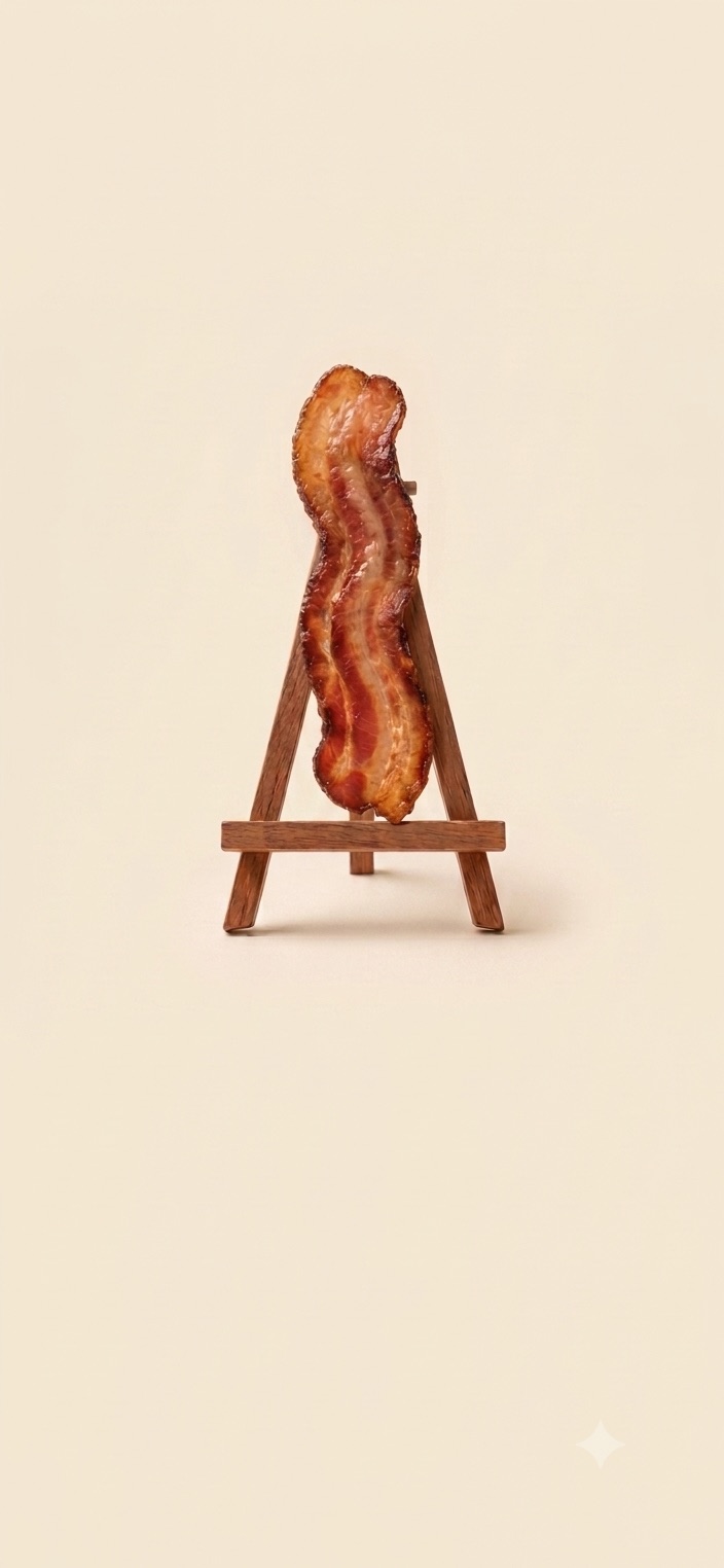 En knaperstekt baconskiva uppställd på ett litet trästaffli